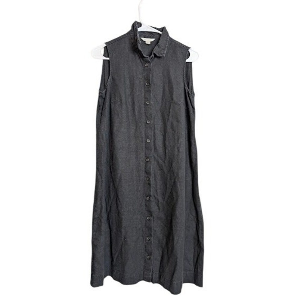 Garnet Hill Womens Size 4 Sleeveless Shift Dress Black 100% Linen‎ Minimalist